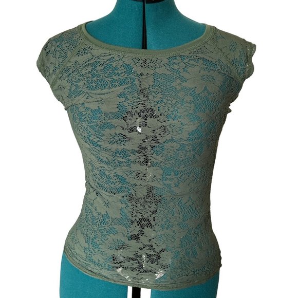 Bongo Brand Lace Short Sleeve Top Green 100% Nylon Junior's Size S - Picture 10 of 10